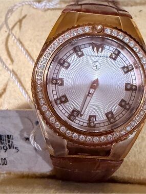 Technomarine Rose Gold Crystal Bezel Brown Leather Strap Watch